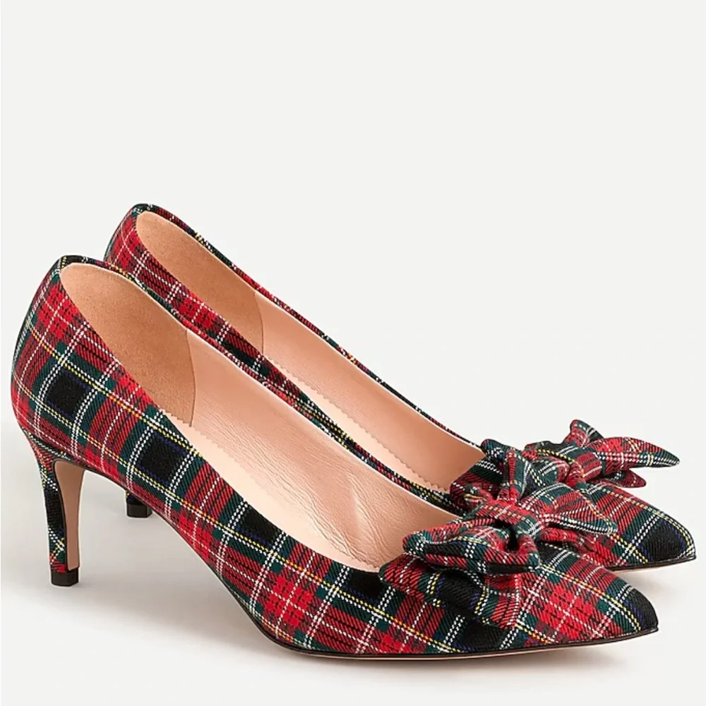 J. Crew Red Green Plaid Bow Pointed-Toe Kitten Heels